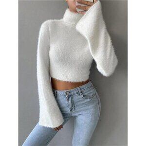 Fluffy Knit Turtleneck Bell Sleeve Cropped Sweater